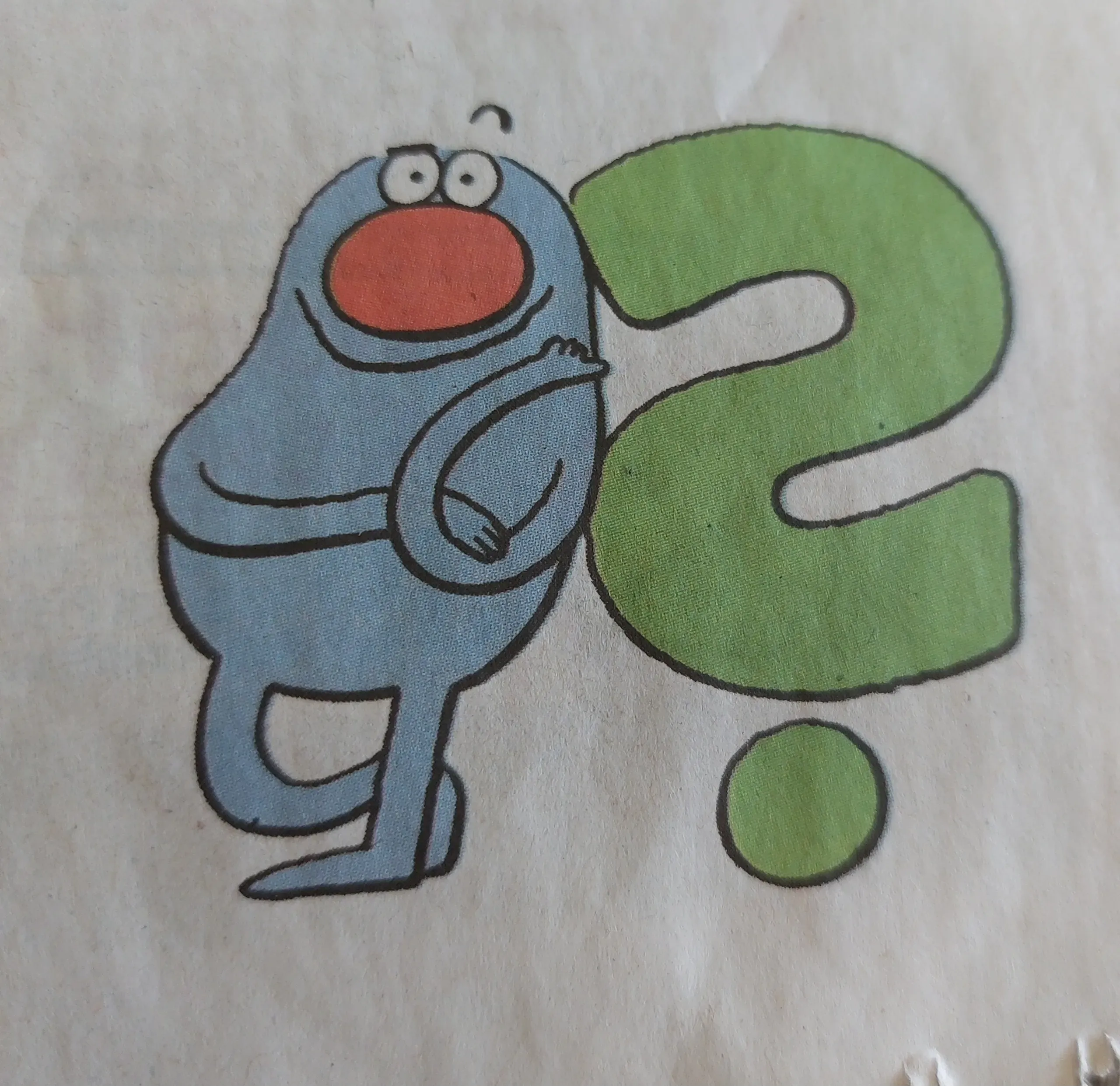 Eine Zeichnung von einem blauen Monster, das an einem grünen Fragezeichen lehnt